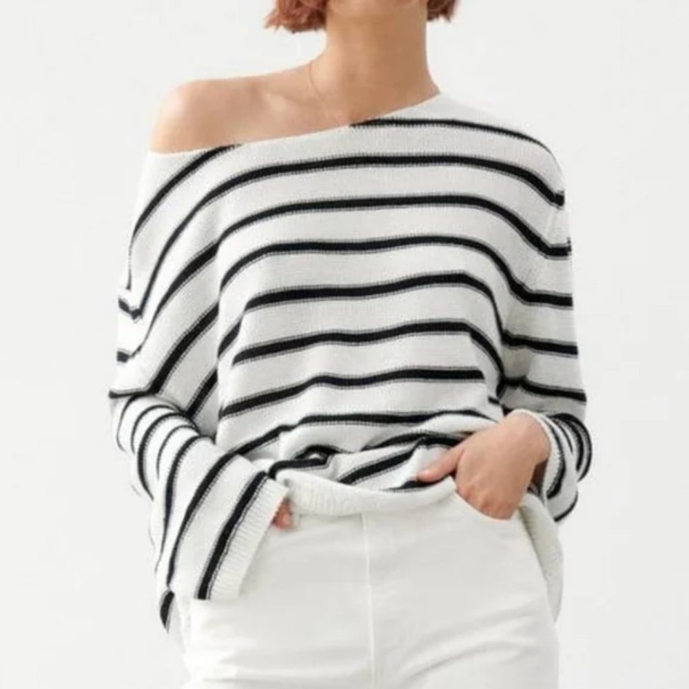 Zara Striped Knit Linen Blend Sweater Boat Neck White Navy Blue Small